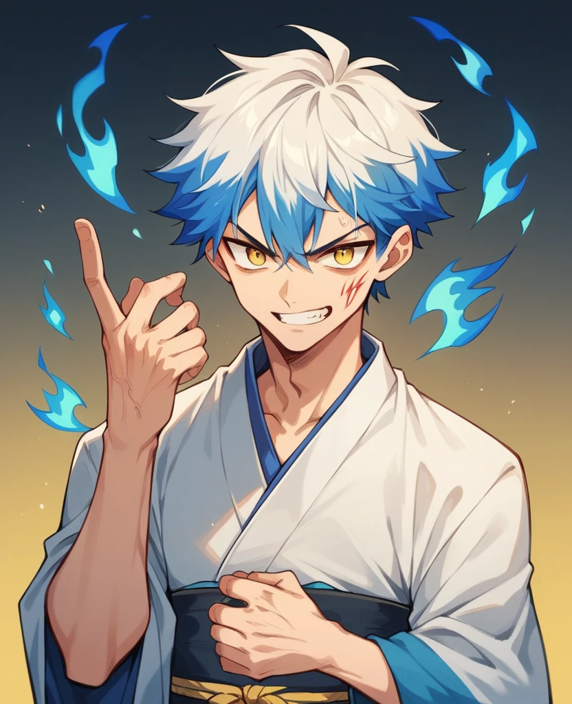 Teenage boy, white Midorya style hair with light yellow tones, yellow  eyes, wearing japanese student clothes, with a determined smiling face, with blue flames around their hands.