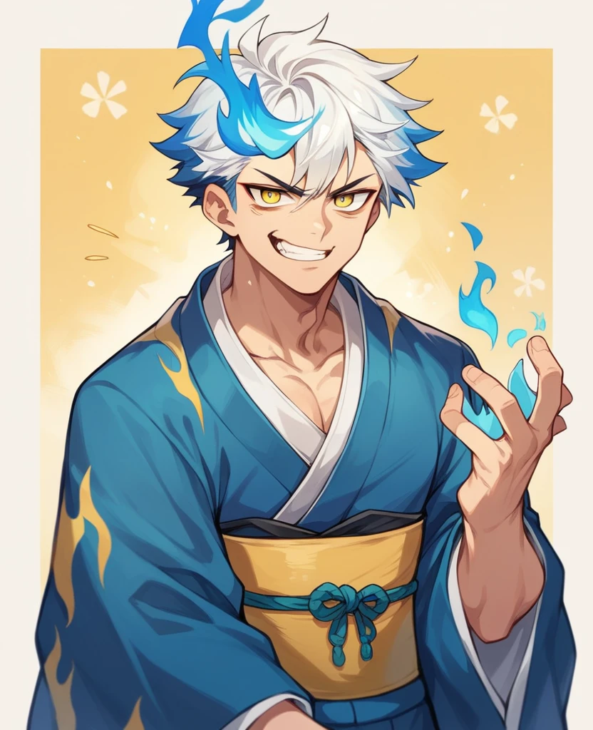  boy, white Midorya style hair with light yellow tones, yellow  eyes, wearing japanese student clothes, with a determined smiling face, with blue flames around their hands.