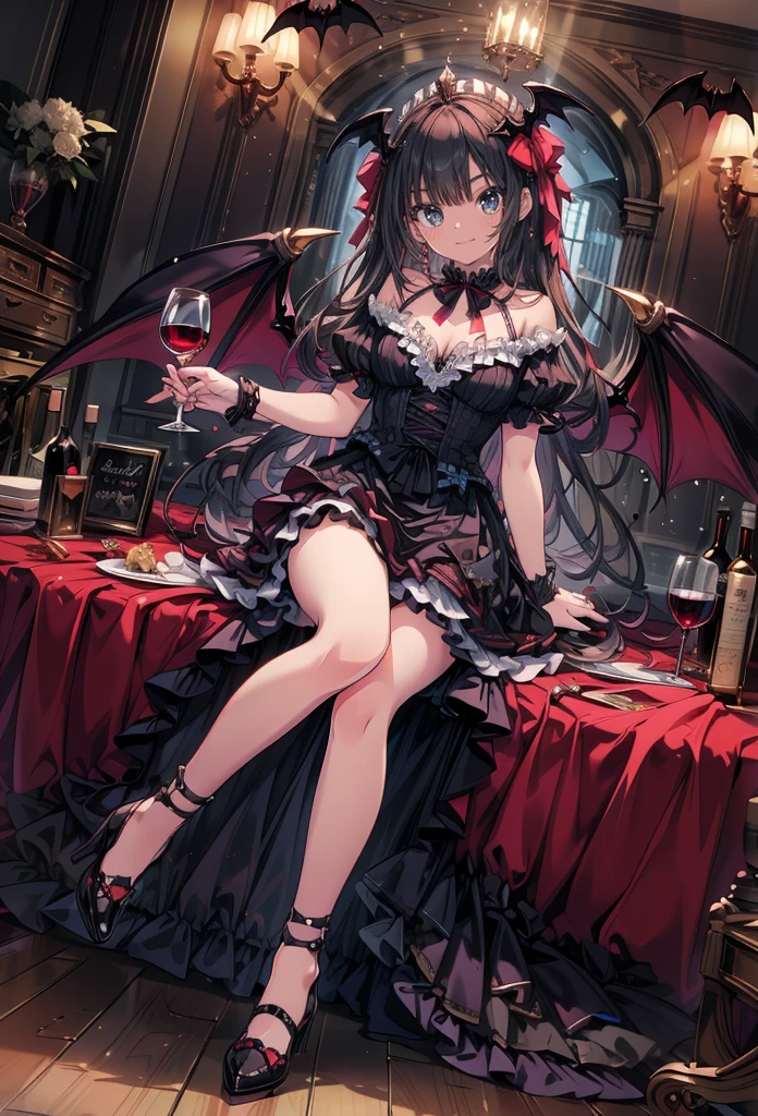 masterpiece, best quality, high resolution, extremely detailed CG, absurdres, highres, 1girl, solo, a vampire girl in  gothic costume, sat at a round table with a brandy glass filled with red wine, bat_wings on head, heels, frills, luxury hall, Colorful portraits