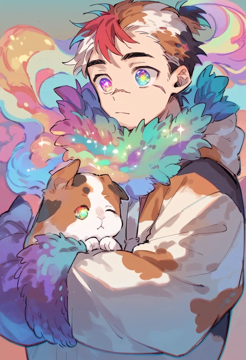 1boy, Strong, ((calico colored hair)), scars, ((Colorful galaxy eyes)), small ponytail, gentle, cool outfit