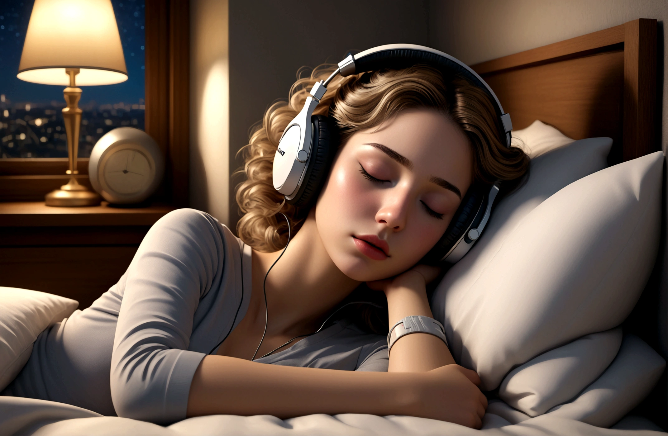 masterpiece, highest quality, beautifully, 1girl, eyes closed, sleeping, detailed lips, detailed hair, detailed outfit, headphones, bedroom, night, window opened, cinematic lighting, photorealistic, 8k, hyper detailed, intricate details, (best quality:1.2), (realistic:1.37), (masterpiece:1.2)