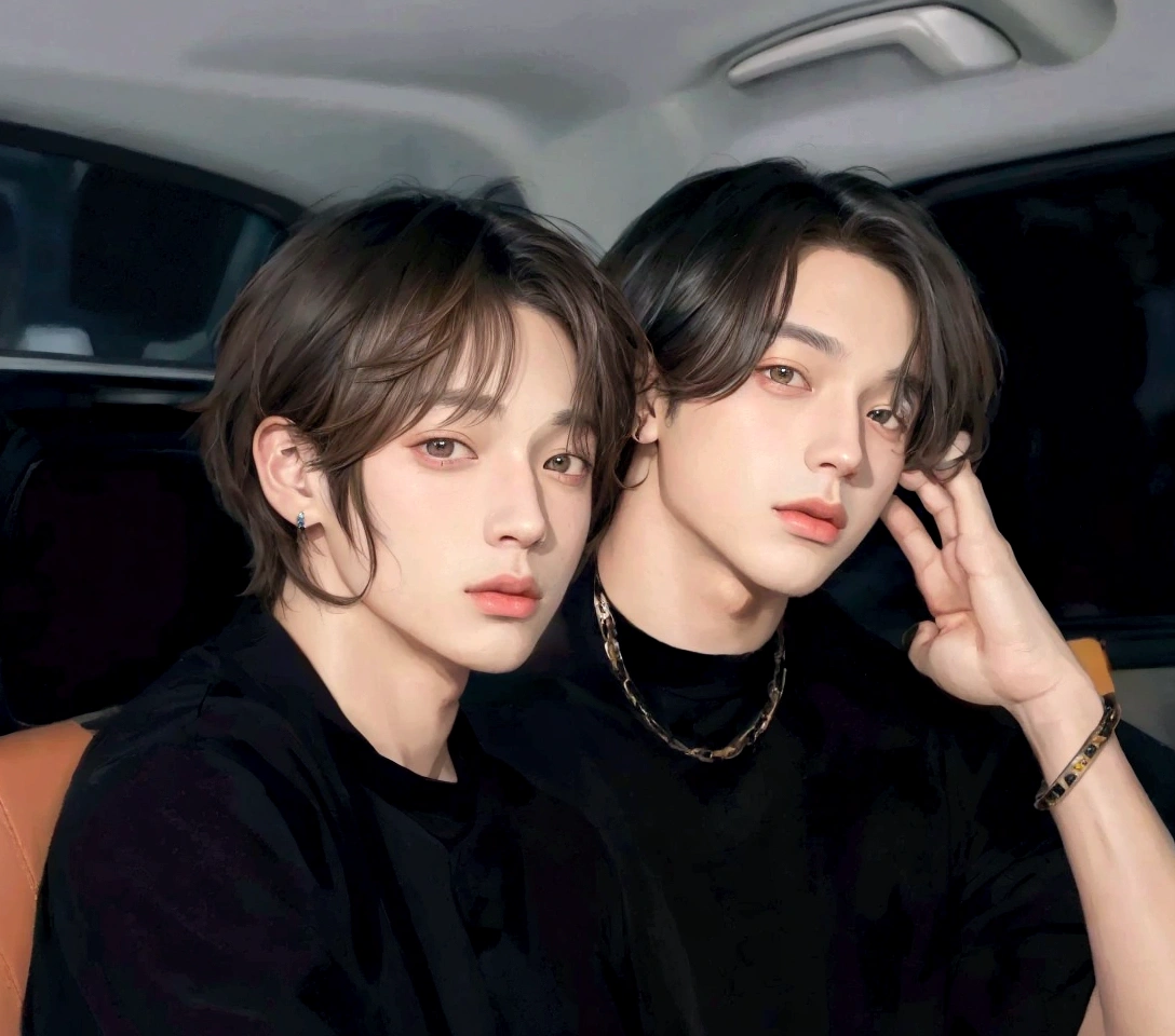 two young people sitting next to each other in a car, high quality fanart, official fanart, digitl art. @mariomaniacdude, official art admirer, [ digitl art ]!!, Jungkook, realist art, high quality art, they are brothers, a colorized photo, Tae June Kim, realism art style, inspired by Yanjun Cheng, art admirer, high-quality portrait