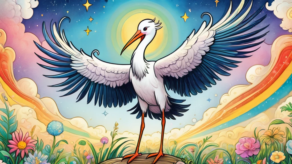 ((Close-up of a large stork in the center))、looks happy,An illustration,pop,colorfulに,draw with thick lines,color,、Happy dreams,Warm and full of happiness,,colorful,Fancy,Fantasy,,Detailed explanation,fluffy,Randolph Caldecott Style