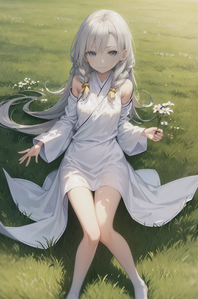 masterpiece, Highest quality, Ultra-high resolution, detailed illustration, Portraiture, detailed, A girl standing in a wheat field, alone, Long Hair, dress, flower, White Hanfu, smile, whole body, white flower, Bare shoulders, very Long Hair, Aqua Hair, Mouth closed, In-person audience, bangs,