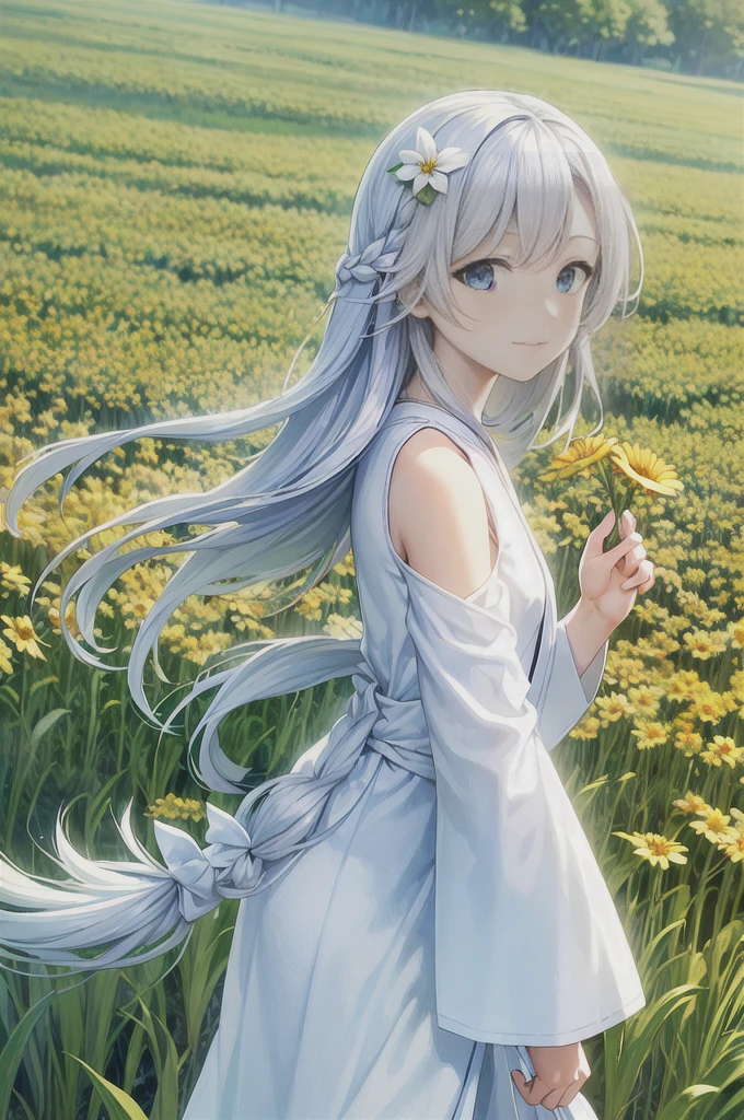 masterpiece, Highest quality, Ultra-high resolution, detailed illustration, Portraiture, detailed, A girl standing in a wheat field, alone, Long Hair, dress, flower, White Hanfu, smile, whole body, white flower, Bare shoulders, very Long Hair, Aqua Hair, Mouth closed, In-person audience, bangs,