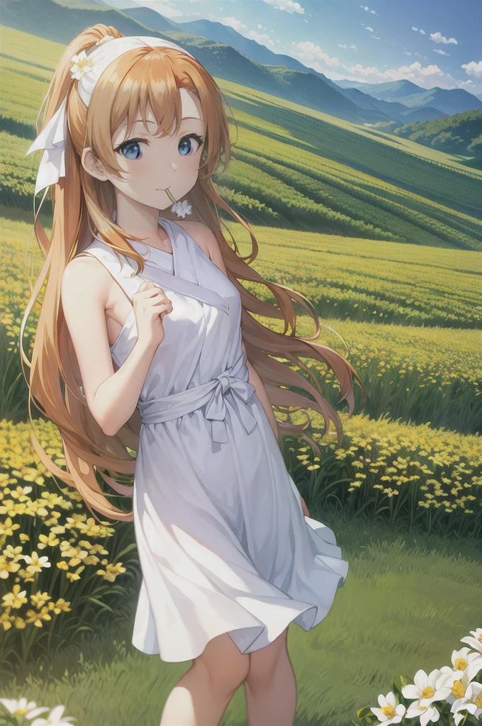 masterpiece, Highest quality, Ultra-high resolution, detailed illustration, Portraiture, detailed, A girl standing in a wheat field, alone, Long Hair, dress, flower, White Hanfu, smile, whole body, white flower, Bare shoulders, very Long Hair, Aqua Hair, Mouth closed, In-person audience, bangs,