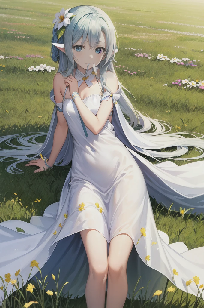 masterpiece, Highest quality, Ultra-high resolution, detailed illustration, Portraiture, detailed, A girl standing in a wheat field, alone, Long Hair, dress, flower, White Hanfu, smile, whole body, white flower, Bare shoulders, very Long Hair, Aqua Hair, Mouth closed, In-person audience, bangs,