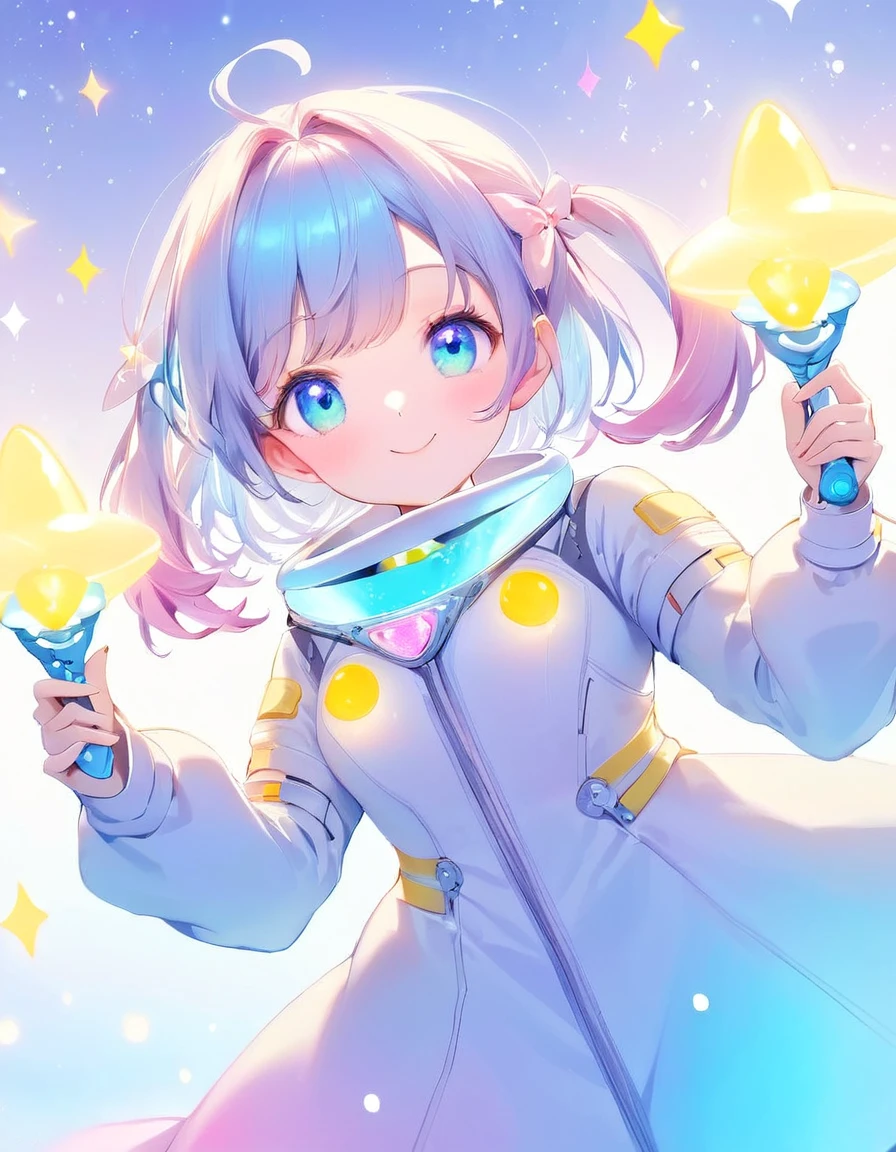 dynamic angle, (close up face), smile, UFO Magical Girl paints a futuristic world where science and magic intertwine. The girl, dressed in a spacesuit-style dress, holds a glowing magic wand. Around her, colorful UFOs fly around, each one moving with her magic and occasionally emitting particles of light.