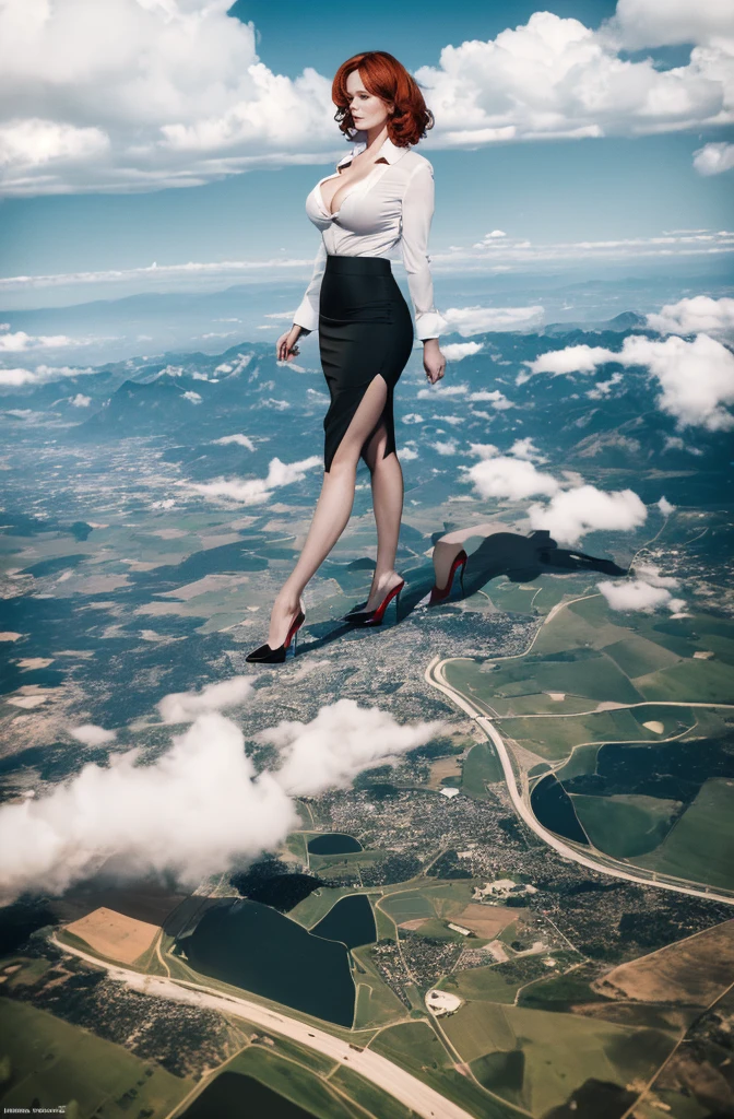 Christina Hendricks, (masterpiece, best quality, best shadows, best shading, perfect hands, perfect face, cinematic lighting, colorful, ultra-detailed, beautiful photography, character focus, extremely-detailed, photorealistic, hyper photorealism, atmospheric), (rural destruction:1.2), (giantess, stereotypical office worker), (dirty, filthy, unwashed, sweaty, unkempt, angry, tired, exhausted, annoyed), (walking, mid stride, stepping down on, stomping, crush, rampage), (black patent Louboutin pointed toe pumps, high heels, stiletto heels), (revealing crisp white blouse, short pencil skirt), (high altitude photography, satellite view), (exposed cleavage, heaving bosom, legs), (urban sprawl, farmland and small towns, destruction, buildings, roads), (cloudy, overcast, clouds and atmosphere partly obscuring the subject, hazy atmosphere, haze in foreground, wispy clouds)