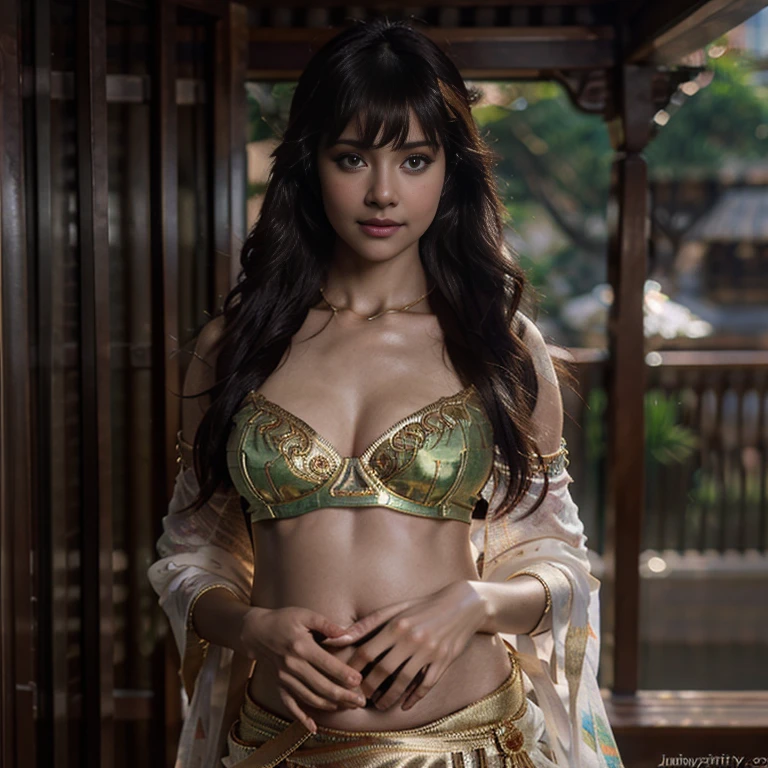 modelshoot style, (extremely detailed CG unity 8k wallpaper), full shot body photo of the most beautiful artwork in the world, stunningly beautiful photo realistic cute Indian women in saree (navel:1.5), big breasts, cute cleavage, long cleavage, professional majestic oil painting by Ed Blinkey, Atey Ghailan, Studio Ghibli, by Jeremy Mann, Greg Manchess, Antonio Moro, trending on ArtStation, trending on CGSociety, Intricate, High Detail, Sharp focus, dramatic, photorealistic painting art by midjourney and greg rutkowski
