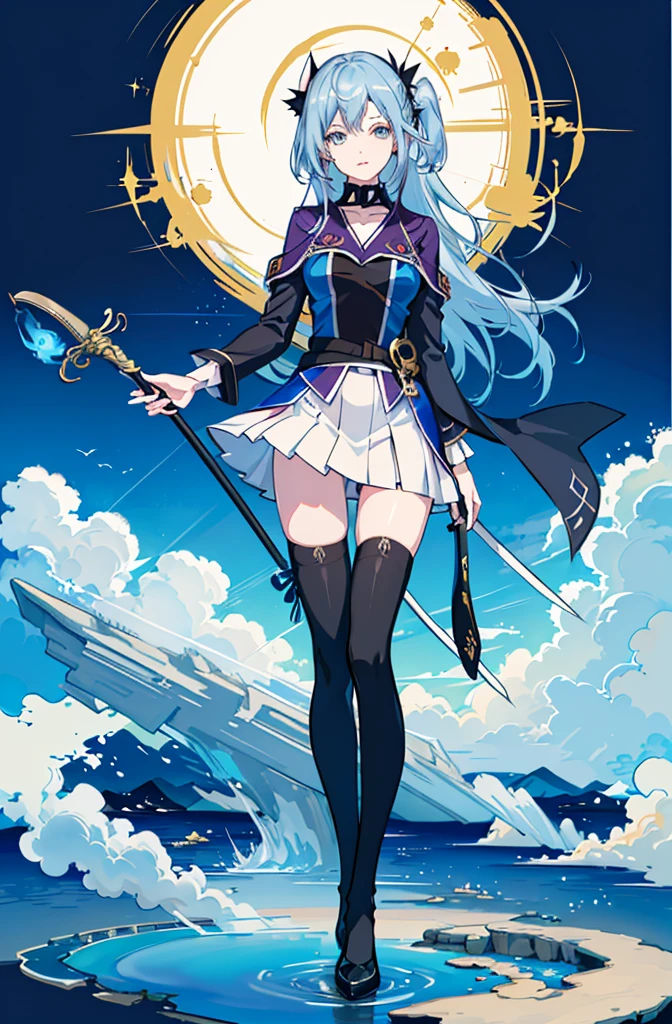 1girl,  solo, outdoors, long hair, holy place, Original,(Illustration:1.1),(Best Quality),(masutepiece:1.1),(the Extremely Detailed CG Unity 8K Wallpapers:1.1), (Colorful:0.9),(mid-shot:0.95),(extremely detailed beautiful face),(Solo:1.2), (girl),(((Lori))), (Detailed beautiful eyes:1.15), (Beautiful face:1.15), (Glowing blue eyes:1.25////),(((sky blue Long Hair))),(two side up),(+perfect hand+:1.21),(Draw illustration of Japan priestess costume),(slender),(White pleated skirt),(Gothic),((black thighhighs)),(frilld),(Beautiful Slender Lolita Girl),hallowween,standing, girl,10 years old,  girl,foggy place,vampire,sky blue hair,full body,whole body,