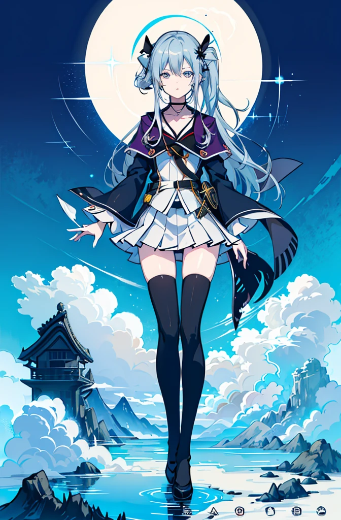 1girl, solo, outdoors, long hair, holy place, Original,(Illustration:1.1),(Best Quality),(masutepiece:1.1),(the Extremely Detailed CG Unity 8K Wallpapers:1.1), (Colorful:0.9),(mid-shot:0.95),(extremely detailed beautiful face),(Solo:1.2), (girl),(((Lori))), (Detailed beautiful eyes:1.15), (Beautiful face:1.15), (Glowing blue eyes:1.25////),(((sky blue Long Hair))),(two side up),(+perfect hand+:1.21),(Draw illustration of Japan priestess costume),(slender),(White pleated skirt),(Gothic),((black thighhighs)),(frilld),(Beautiful Slender Lolita Girl),hallowween,standing, girl,10 years old, girl,foggy place,vampire,sky blue hair,full body,whole body,