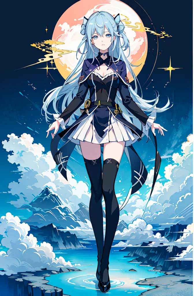 1girl,  solo, outdoors, long hair, holy place, Original,(Illustration:1.1),(Best Quality),(masutepiece:1.1),(the Extremely Detailed CG Unity 8K Wallpapers:1.1), (Colorful:0.9),(mid-shot:0.95),(extremely detailed beautiful face),(Solo:1.2), (girl),(((Lori))), (Detailed beautiful eyes:1.15), (Beautiful face:1.15), (Glowing blue eyes:1.25////),(((sky blue Long Hair))),(two side up),(+perfect hand+:1.21),(Draw illustration of Japan priestess costume),(slender),(White pleated skirt),(Gothic),((black thighhighs)),(frilld),(Beautiful Slender Lolita Girl),hallowween,standing, girl,10 years old,  girl,foggy place,vampire,sky blue hair,full body,whole body,