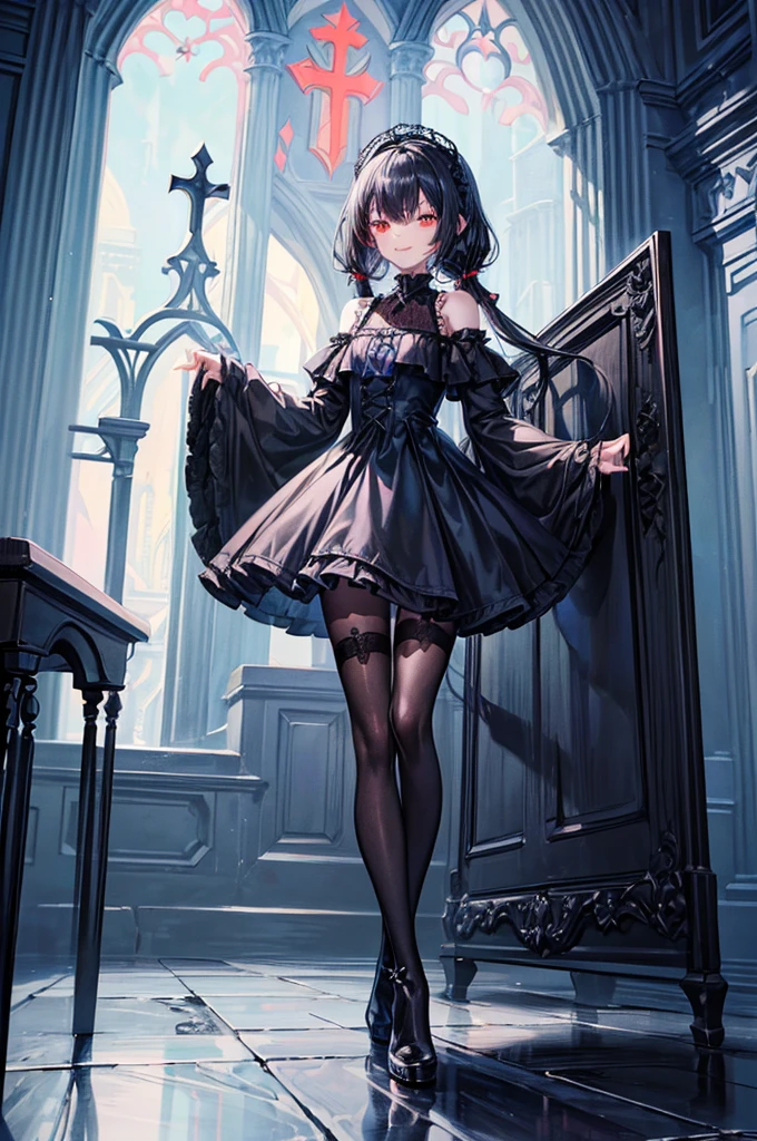 [(church background:1.4)::5],Original,(Illustration:1.1),(Best Quality),(masutepiece:1.1),(the Extremely Detailed CG Unity 8K Wallpapers:1.1), (Colorful:0.9),(mid-shot:0.95),(Full body:1.5),Dynamic Angle,(Solo:1.2), (girl),((Adult)), (Detailed beautiful eyes:1.15), (Beautiful face:1.15), (Glowing red eyes:1.25////),((dark blue long hair)),(Blunt bangs),(low twintails),(+perfect hand+:1.21),(Draw an illustration of a gothic girl),(Religious),(slender),(she has boots on her feet),((Wearing a black dress)),(Furious), Lace Off Shoulder Lolita Fashion,Beautiful slender woman,((Evil smile)),Dark blue short hair,Dark blue short hair,Laugh,evil smile,mini skirt,short hair,