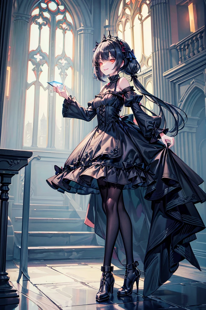 [(church background:1.4)::5],Original,(Illustration:1.1),(Best Quality),(masutepiece:1.1),(the Extremely Detailed CG Unity 8K Wallpapers:1.1), (Colorful:0.9),(mid-shot:0.95),(Full body:1.5),Dynamic Angle,(Solo:1.2), (girl),((Adult)), (Detailed beautiful eyes:1.15), (Beautiful face:1.15), (Glowing red eyes:1.25////),((dark blue long hair)),(Blunt bangs),(low twintails),(+perfect hand+:1.21),(Draw an illustration of a gothic girl),(Religious),(slender),(she has boots on her feet),((Wearing a black dress)),(Furious), Lace Off Shoulder Lolita Fashion,Beautiful slender woman,((Evil smile)),Dark blue short hair,Dark blue short hair,Laugh,evil smile,mini skirt,short hair,