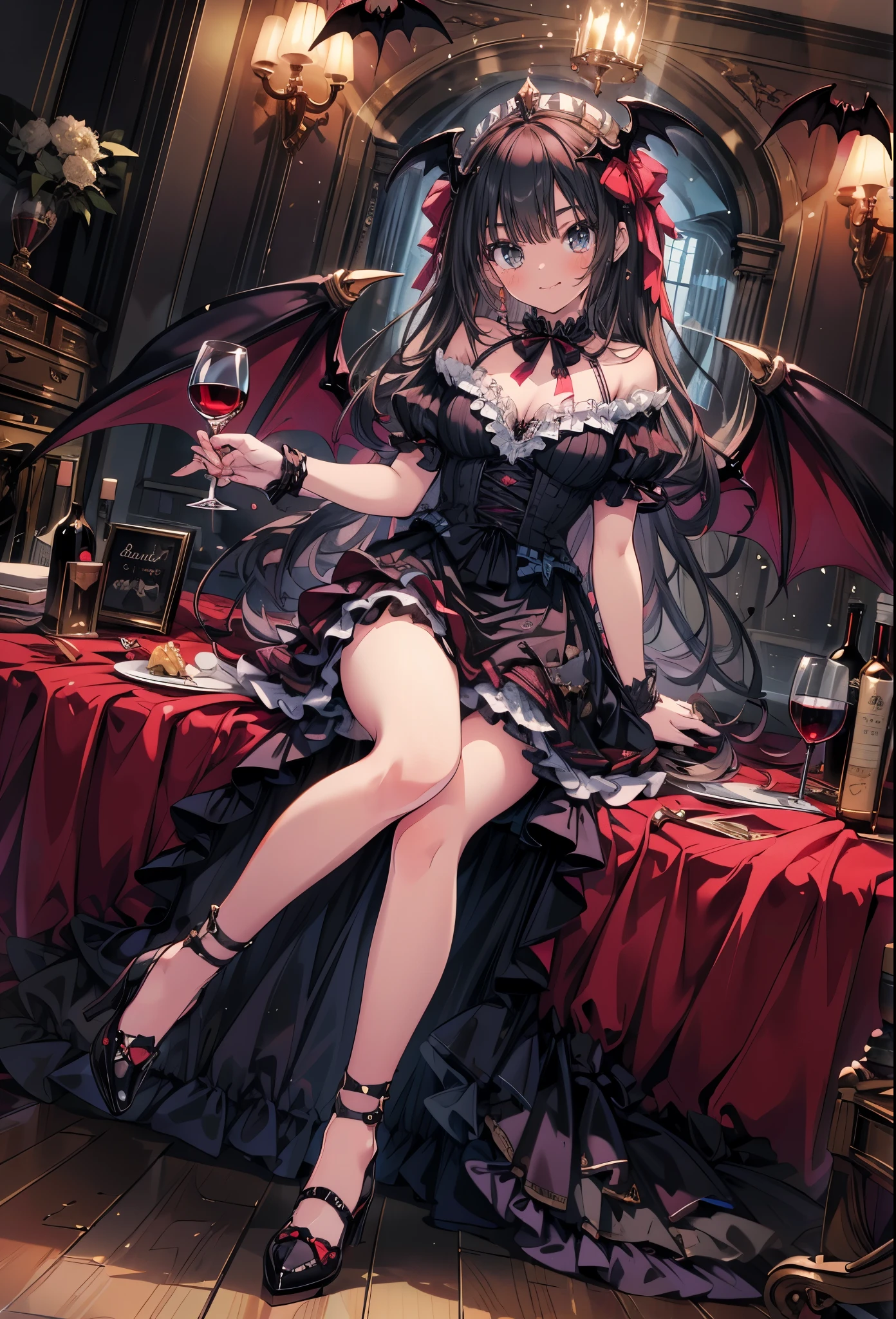 masterpiece, best quality, high resolution, extremely detailed CG, absurdres, highres, 1girl, solo, a vampire girl in gothic costume, sat at a round table with a brandy glass filled with red wine, bat_wings on head, heels, frills, luxury hall