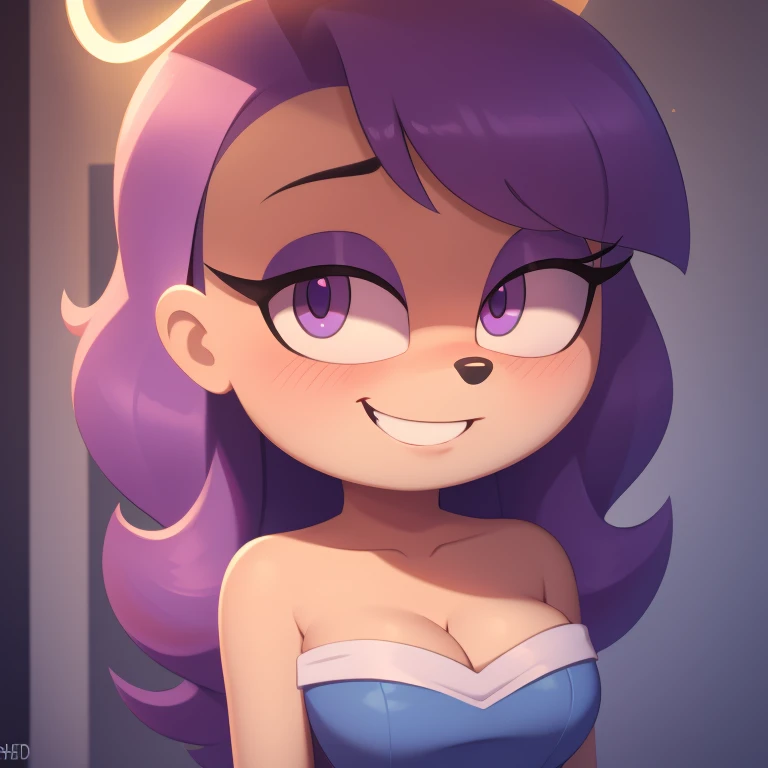 Trixie Tang, young adult, strapless tight dress, cleavage, curly hair, halo, sunglasses, jewelry, purple eyes, longeyelashes, purple eyes, smile, shy, blush, high detail, masterpiece, UHD, anatomically correct, super detail, highres, 4K