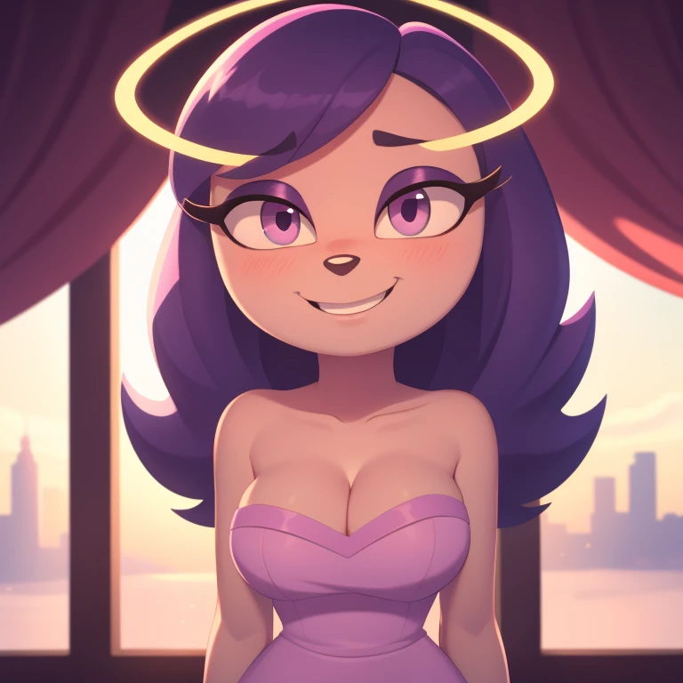 Trixie Tang, young adult, strapless tight dress, cleavage, curly hair, halo, sunglasses, jewelry, purple eyes, longeyelashes, purple eyes, smile, shy, blush, high detail, masterpiece, UHD, anatomically correct, super detail, highres, 4K