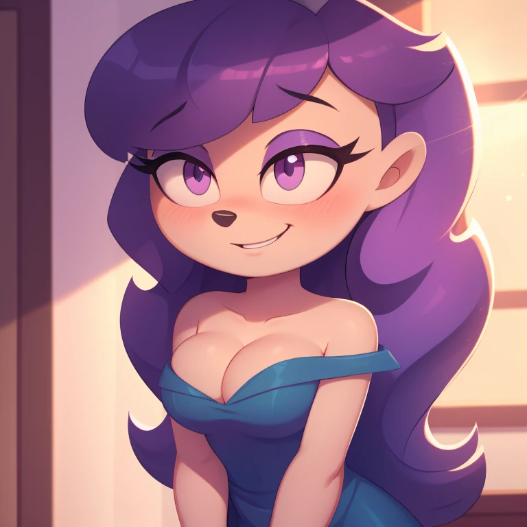 Trixie Tang, young adult, strapless tight dress, cleavage, curly hair, halo, sunglasses, jewelry, purple eyes, longeyelashes, purple eyes, smile, shy, blush, high detail, masterpiece, UHD, anatomically correct, super detail, highres, 4K