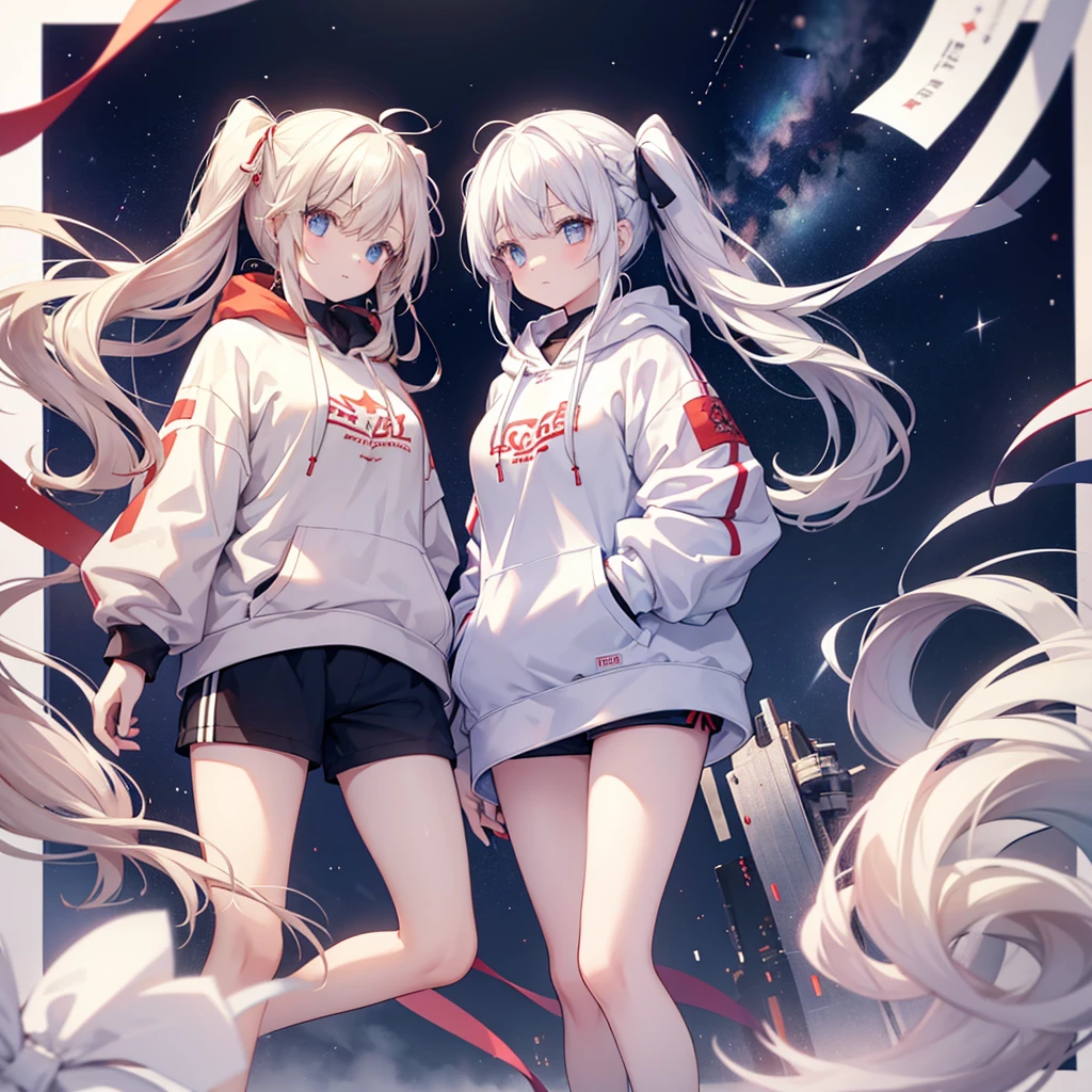 Two girls, red eyes and beige hair, blue eyes and white hair, twin tails, long hair, ribbons in hair, sporty clothes with large hoodies, shorts, sneakers, white background, stars