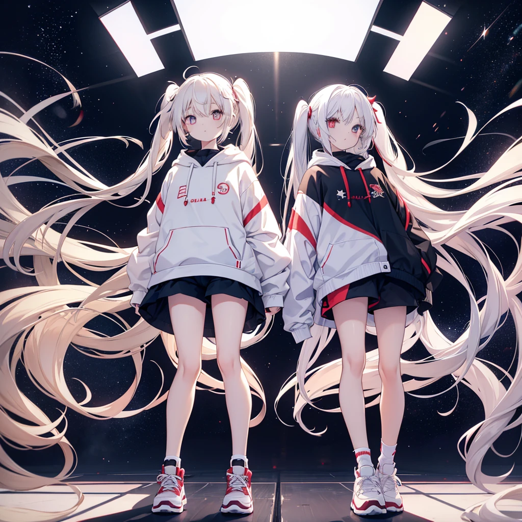 Two girls, red eyes and beige hair, blue eyes and white hair, twin tails, long hair, ribbons in hair, sporty clothes with large hoodies, shorts, sneakers, white background, stars