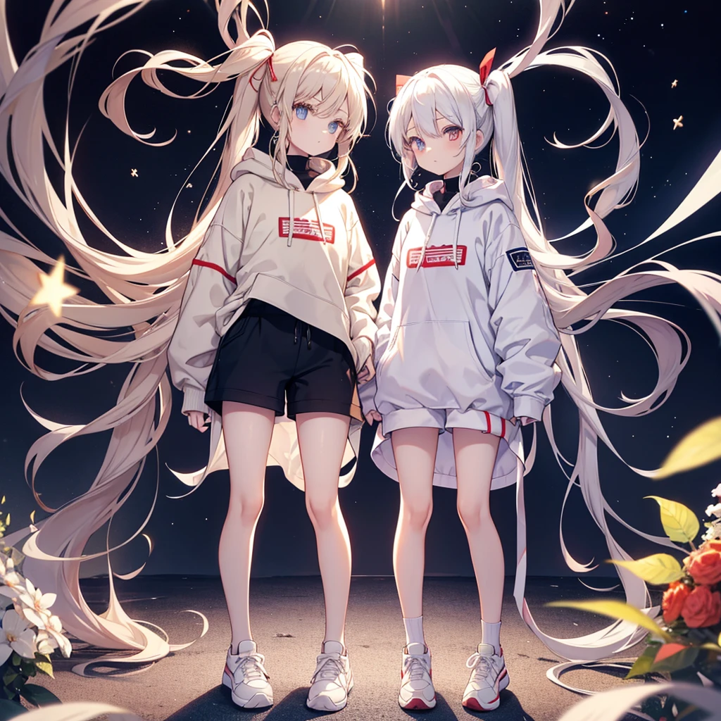 Two girls, red eyes and beige hair, blue eyes and white hair, twin tails, long hair, ribbons in hair, sporty clothes with large hoodies, shorts, sneakers, white background, stars