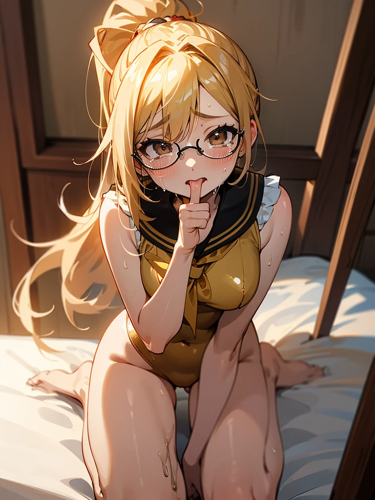 high resolution,High resolution,1Beautiful girl of the person,whole body,look up,looking at the camera,Big eyes,Glasses,Crying face,Tears,Stringy saliva,Open your mouth wide,Sticking out tongue,Flush saliva,Overflowing with saliva,ponytail,Golden Hair,Brown eyes,Sailor Leotard,High Leg,Tears overflow,Dripping a lot of saliva,Drooling,On the bed,sexy,Finger licking,Western-style room,Alluring,Leg spread,front,