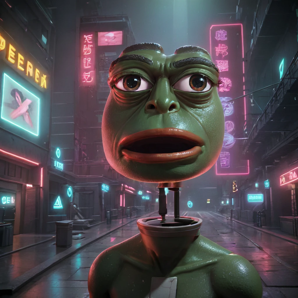 pepe the frog, cyberpunk, highly detailed, intricate, photorealistic, 8k, hyperrealistic, award winning, concept art, 3d render, digital painting, beautiful, detailed eyes, detailed facial features, expressive, dynamic pose, neon lights, futuristic city, dark atmosphere, glowing cybernetic implants, holographic displays