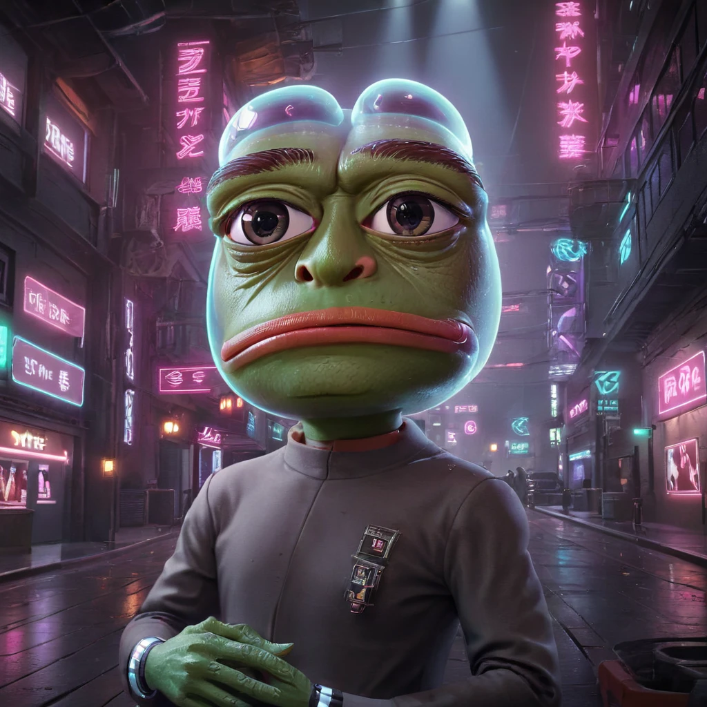 pepe the frog, cyberpunk, highly detailed, intricate, photorealistic, 8k, hyperrealistic, award winning, concept art, 3d render, digital painting, beautiful, detailed eyes, detailed facial features, expressive, dynamic pose, neon lights, futuristic city, dark atmosphere, glowing cybernetic implants, holographic displays