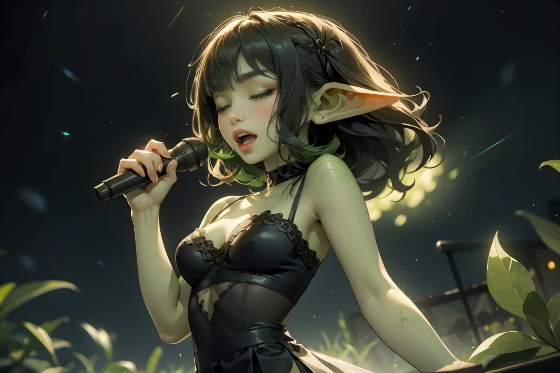 ((best quality)), ((masterpiece)), (detailed), perfect face, ((green skin)), pointy ears, tiny breasts, wearing black rimmed glasses, short dark hair, wearing tiny lace black bra and short black skirt and black pantyhose and back pumps, visible midriff, (night outside), very drunk, singing karaoke, having a great time, singing loudly, dynamic pose, colorful lighting, cinematic still, eyes closed, having fun, happy, bralette bra,