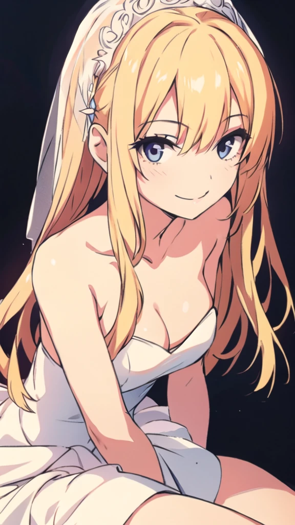 solo, 1girl, strapless, bride dress, simple background, seductive smile, middle breasts, middle hair, blonde