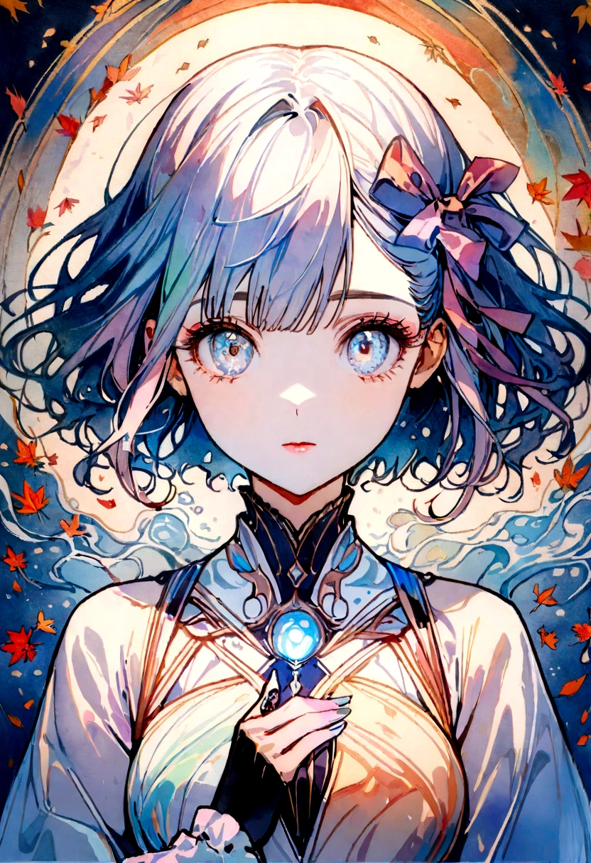 (8K, best quality, master part:1.2),(best quality:1.0), (ultra highres:1.0), water colour, one pretty japanese woman, shoulder, hair ribbons, Directed by: Agnes Cecile, retrato de meio corpo, extremely luminous bright design, pastels colors, (inking:1.3), autumn lights,
