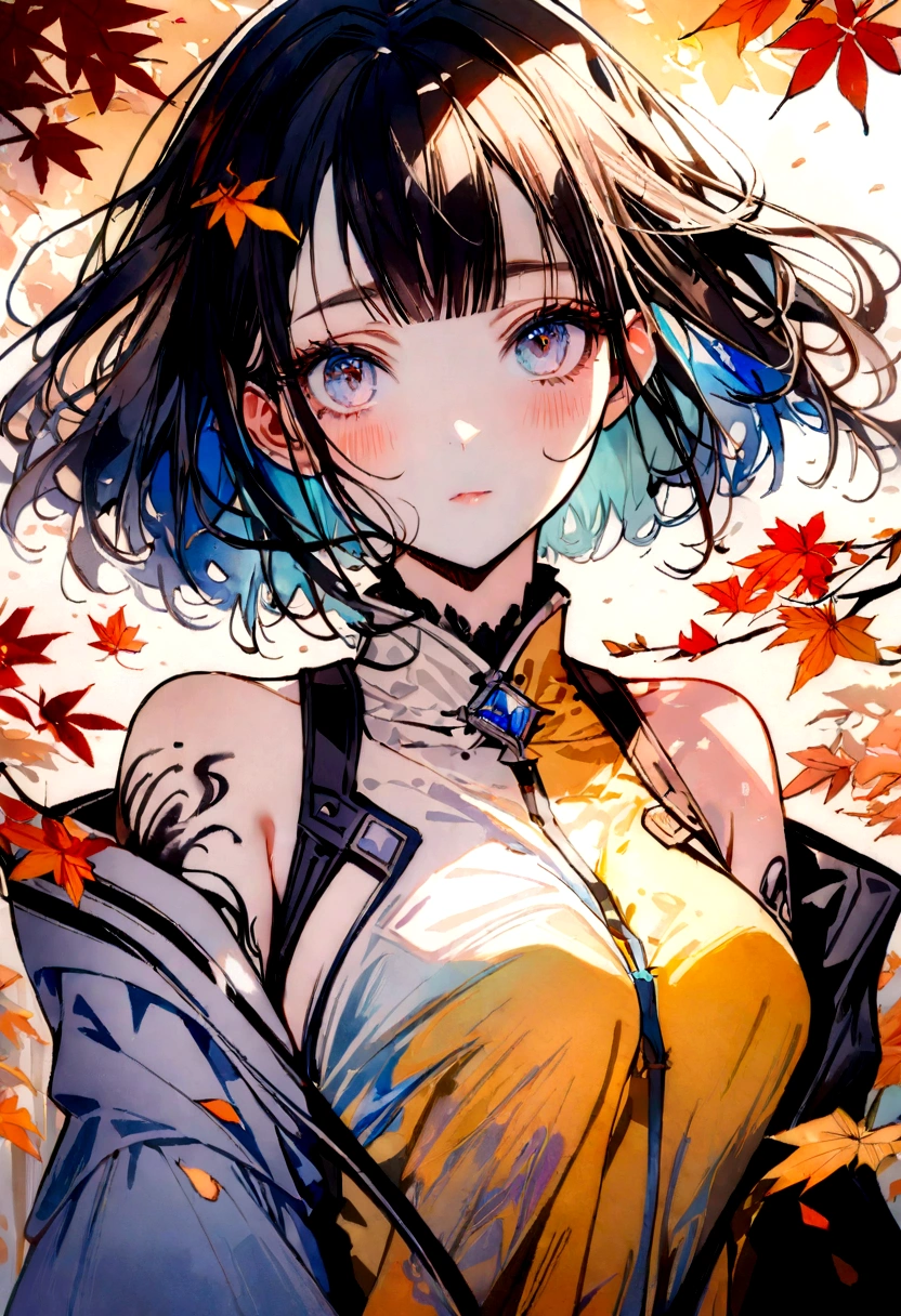 (8K, best quality, master part:1.2),(best quality:1.0), (ultra highres:1.0), water colour, one pretty japanese woman, shoulder, hair ribbons, Directed by: Agnes Cecile, retrato de meio corpo, extremely luminous bright design, pastels colors, (inking:1.3), autumn lights,