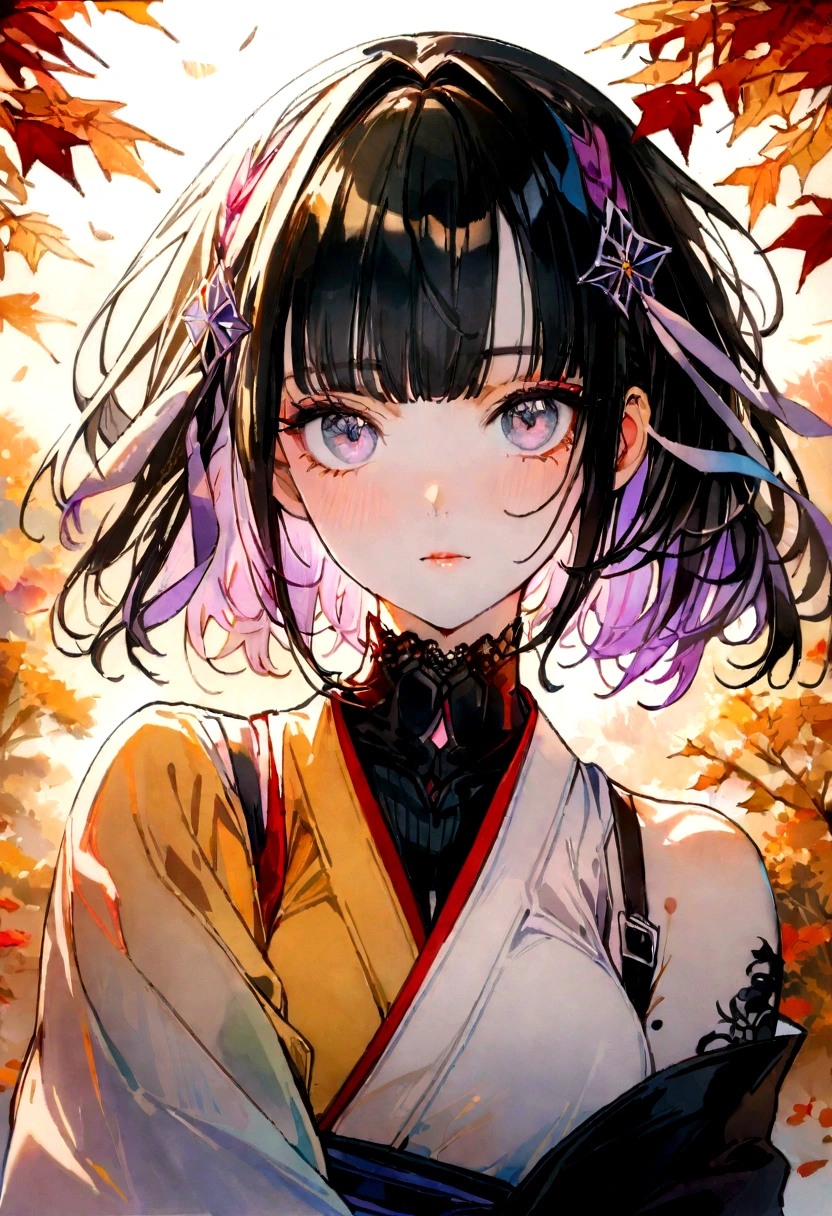 (8K, best quality, master part:1.2),(best quality:1.0), (ultra highres:1.0), water colour, one pretty japanese woman, shoulder, hair ribbons, Directed by: Agnes Cecile, retrato de meio corpo, extremely luminous bright design, pastels colors, (inking:1.3), autumn lights,