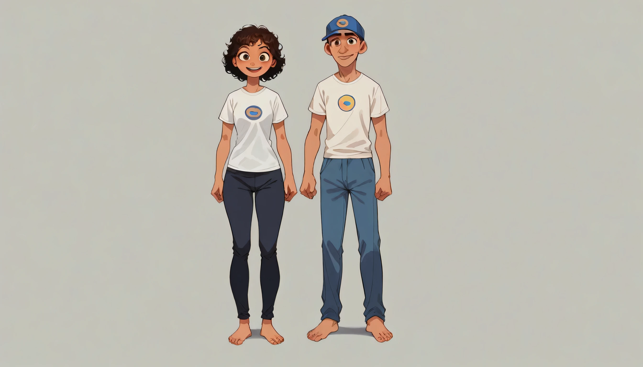 Generate a 3D cartoon animation image of Mayu and Abi walking together on the road. Mayu, tall (6.5 feet) with short curly black hair, brown eyes, a fair complexion, and a double chin, is dressed in sporty trousers, a neckless t-shirt (wearing freely), and a gray and blue cap. Abi, medium-height (5 feet) with long dark brown hair, a warm smile, and an Indian complexion, is wearing fashionable attire. The scene should be in a modern Disney/Pixar style, with an aspect ratio of 16:9 and in 8K resolution.
