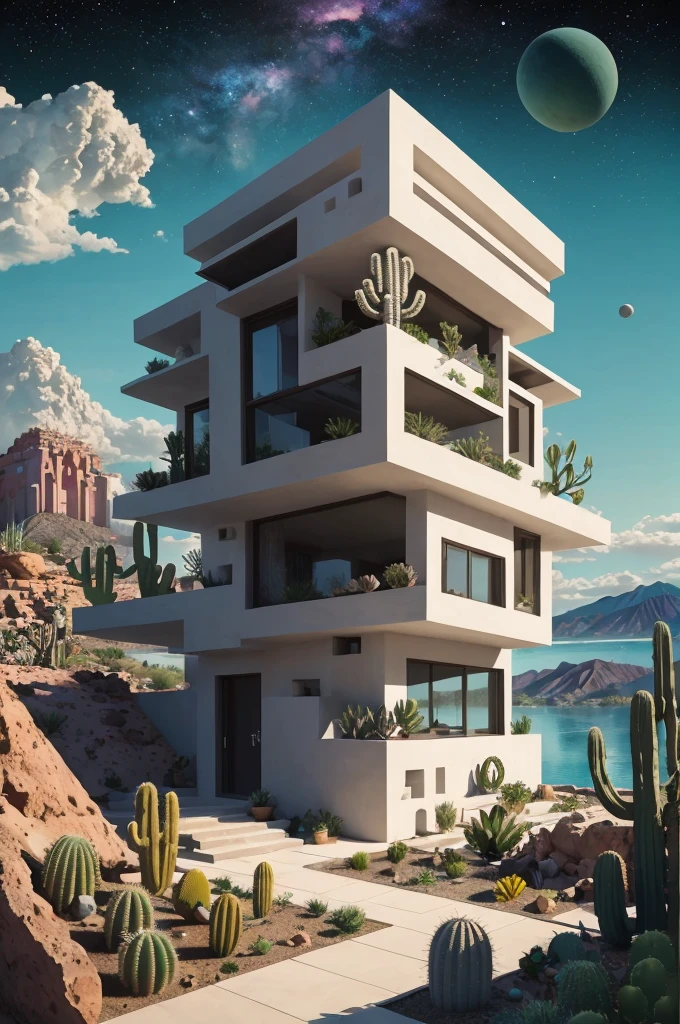 An illustration, collage style, David Hockney visual style, (((Luis Barragán's architectural style houses in middle of a lake))), big boulders, little cascade, mountains, volcanos, volcanic landscape, pool, stairs, beautiful gardens, abundant vegetation, cacti, agave, big clouds, sunset. Magazine cover, serif tipography, editorial design, masterpiece, An illustration in collage style, con rocas gigantes, Brutalist construction sections, escaleras, cactus, agave, textura de concreto, Multiple geometric shapes, hatch and cross hatching, planeta Saturno. ((masterpiece, best quality)),illustration,ultra detailed 8k. (((An illustration of a build designed by Luis Barragán))), with a desertic vegetation garden, (big rocks), ((cacti)), lake, volcano in horizon, smooth clouds, (((illustration collage format))), ((Escher's art style)), (((multiple sections))), (violet, blue, olive green, grey, black and white), hard shadows, (((geometric sculptures))), concrete sculptures, high contrast, dramatic, cinematographic, ((milky way galaxy)), intricate, intricate details, sharp focus,landscape