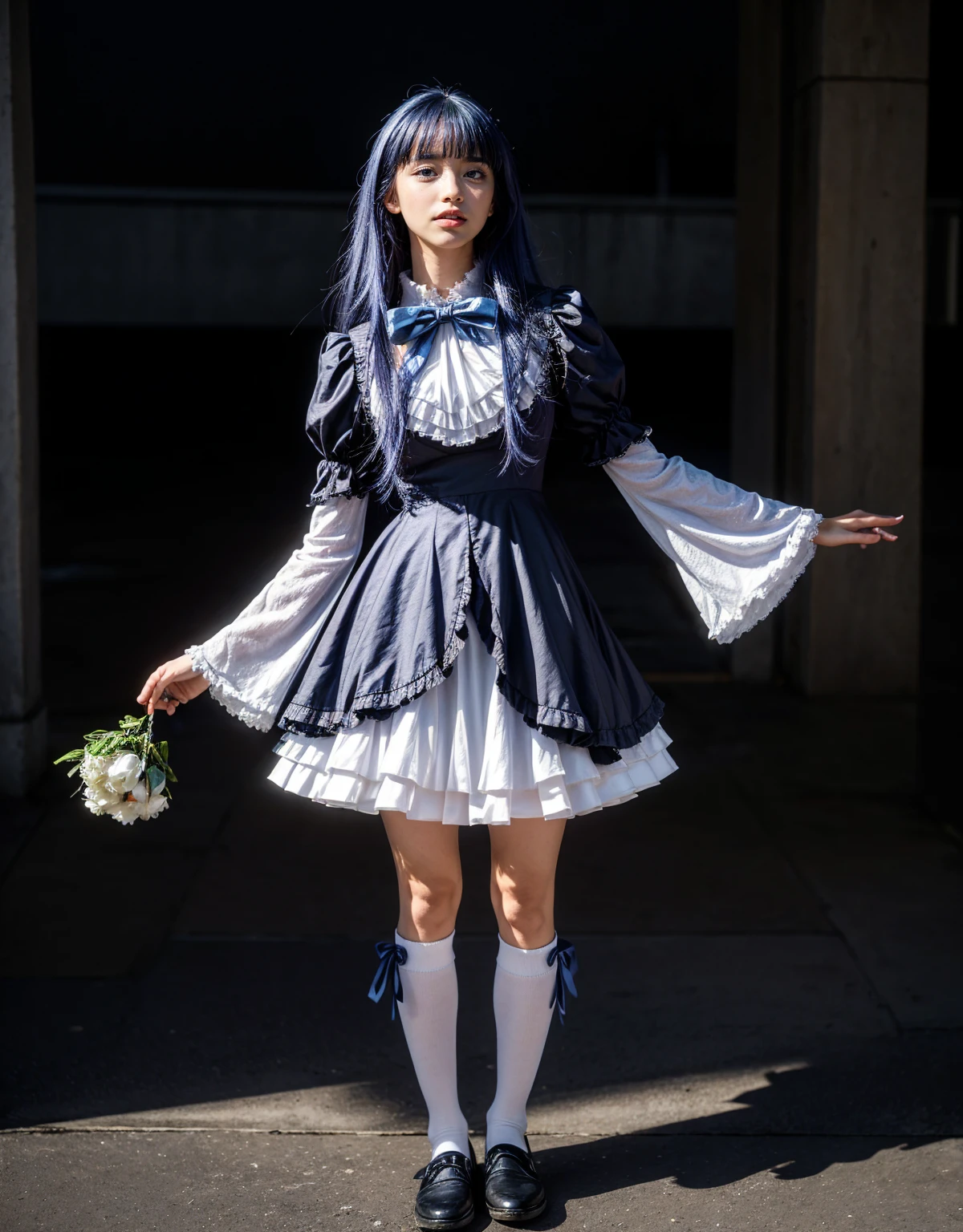 1 chica, full body photography, athletic, strong woman body, slim woman body, bowtie, frills, black dress, puffy sleeves, short over long sleeves, long sleeves, deep-blue hair, long hair, frederica bernkastel, tall woman, standing, amazing legs, realistic natural purple hair style, dress, bowtie, mary janes, socks, cat tail, tail bow, tail ornament, purple eyes, constituir, Volumetric lighting, best quality, masterpiece, detalles intrincados, mapeo de tonos, sharp focus, hiper detallado, tendencia en artstation, Realista, belleza de talla mundial, joy face, vista frontal, detailed background, centered photo, perfectly drawn hands, dress closed at the neck, white wide sleeves