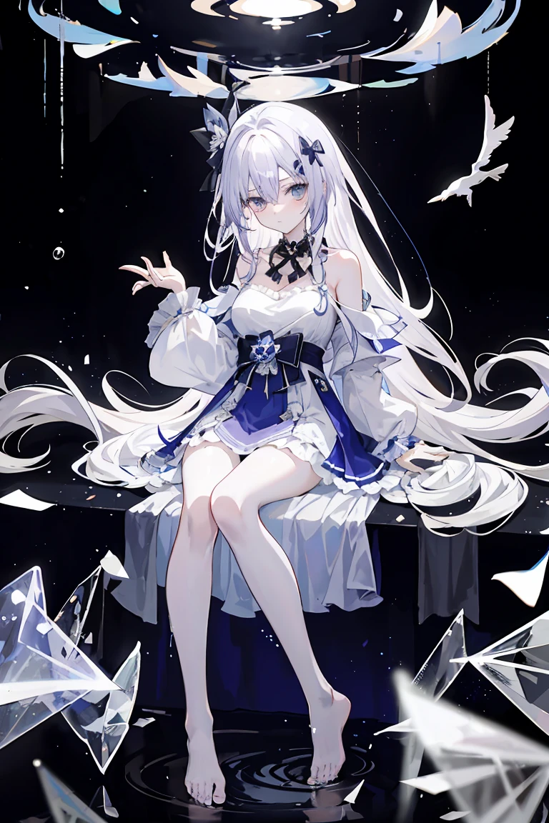 Light purple gradient hair,Asymmetrical hair,（（Thick hair 1.8，Clear head outline 1.6））， Shoulder-length hair, Messy hair, Very long hair, Shiny hair，(Long gray hair:1.2),A beautiful girl，（Luxury Platinum Mini Lolita，Made of transparent material），（Transparent clothes transparent 1.8），Perfect body，High，Slender，(Looks sad，Looks haggard、Looks haggard、Pale nipples ，Grief，shut your mouth：1.2） Against the background of an unusually bright dark starry sky，stand up（Put your hands behind you），（round,  Large, Firm breasts），barefoot，float，water surface，（Long Law，Long Law，Long Law，Complete），Full body image