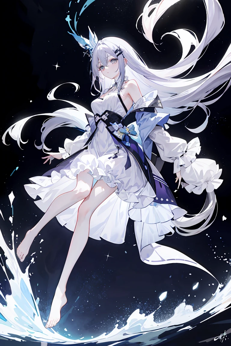 Light purple gradient hair,Asymmetrical hair,（（Thick hair 1.8，Clear head outline 1.6））， Shoulder-length hair, Messy hair, Very long hair, Shiny hair，(Long gray hair:1.2),A beautiful girl，（Luxury Platinum Mini Lolita，Made of transparent material），（Transparent clothes transparent 1.8），Perfect body，High，Slender，(Looks sad，Looks haggard、Looks haggard、Pale nipples ，Grief，shut your mouth：1.2） Against the background of an unusually bright dark starry sky，stand up（Put your hands behind you），（round,  Large, Firm breasts），barefoot，float，water surface，（Long Law，Long Law，Long Law，Complete），Full body image