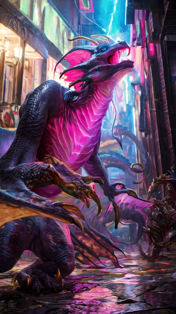 Many women, beautiful detailed eyes, horrified, scared, screaming, beautiful detailed lips, extremely detailed eyes and face, pink t-shirt, white jeans, standing on a street corner, award winning, intricate details, photorealistic, cinematic lighting, volumetric lighting, depth of field, beautiful face, striking pose, dynamic composition, vivid colors, warm tones, dragon