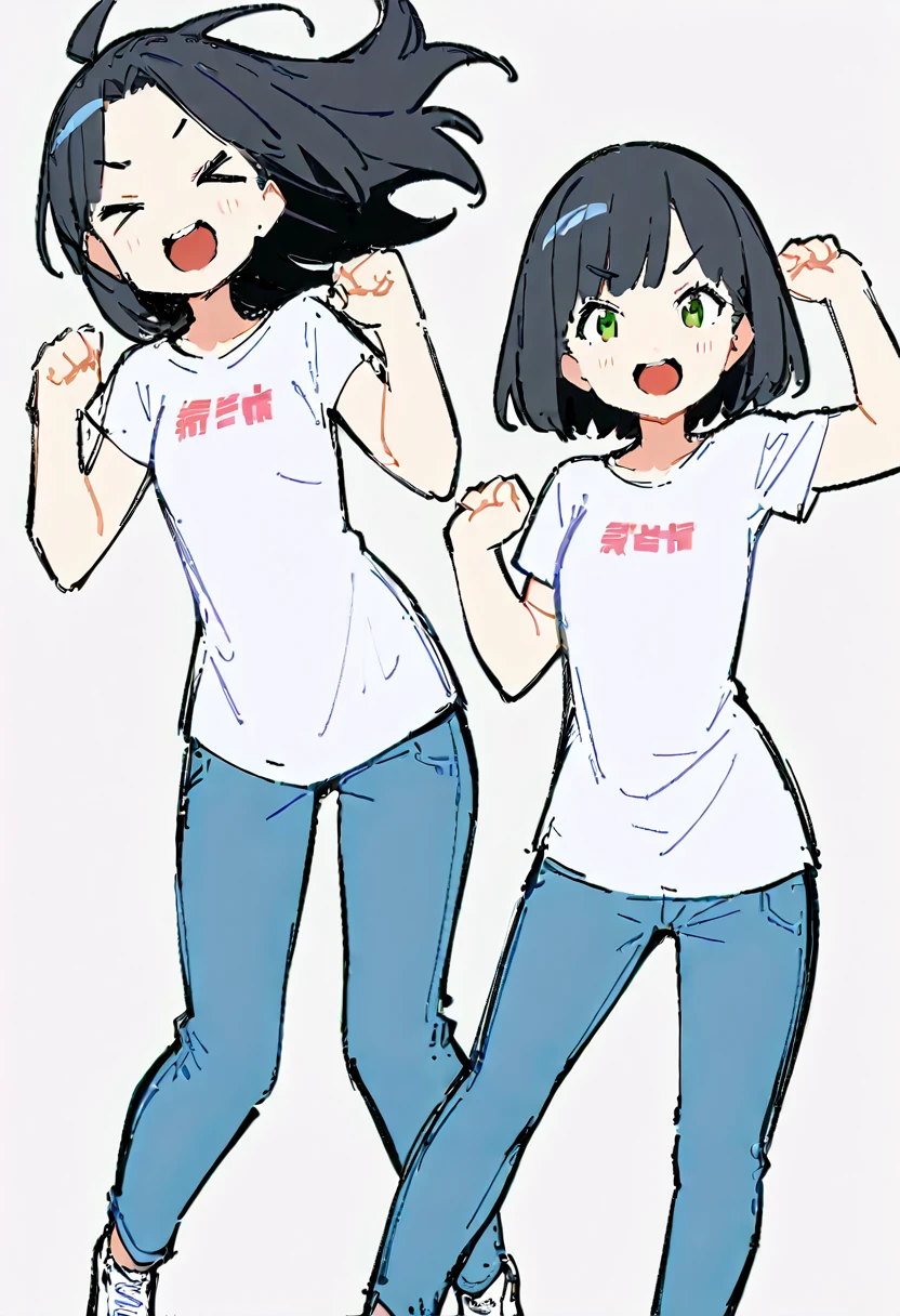 (((Dynamic pose))),((Happy expression)) , ((masterpiece)),(((Highest quality))),(sketch),((Girls in their 20s)),Short black hair,T-Shirts,jeans