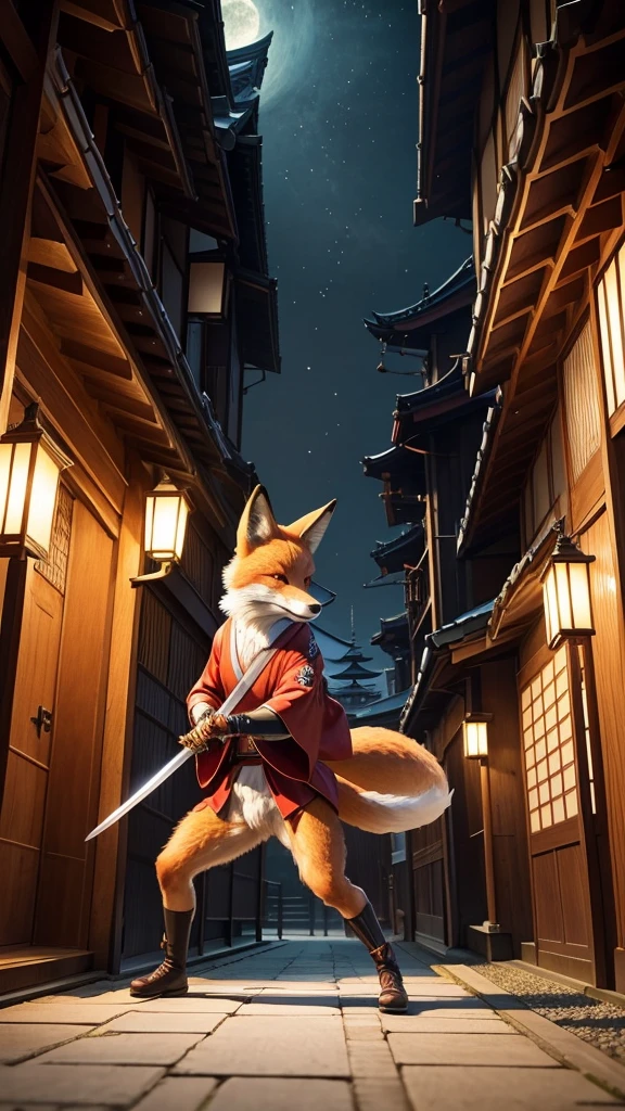 A fox wearing a kimono is fighting with a sword like a Japanese sword、Fantasy World、A city like Kyoto in Japan、Night view、Realistic live-action style、Realistic texture、5 fingers、According to the structure of the human body、