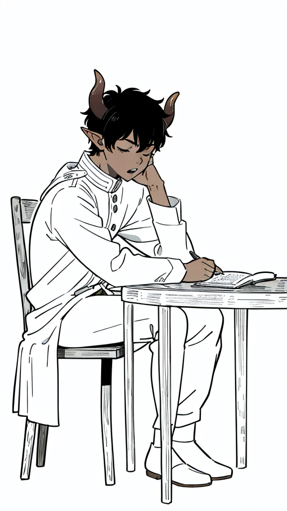(1boy,15 years old,solo),((dark skin)),rural outfit,short hair,black hair,elf ears,(horns),(white background,line drawing),sitting,from side, looking away,full body,hand_on_own_face, head_rest, hand_on_own_cheek,one eye closed, open mouth, yawning, sleepy, squeans