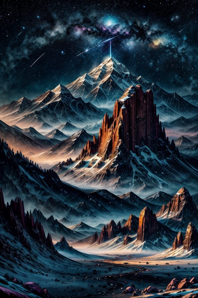 a surreal landscape, dramatic dark sky, starry night, towering snow-capped mountains, colorful soil and rocks, meteorite passage, 4k, 8k, extremely detailed, photorealistic, vivid colors, dramatic lighting, cinematic, epic scale, award winning digital art