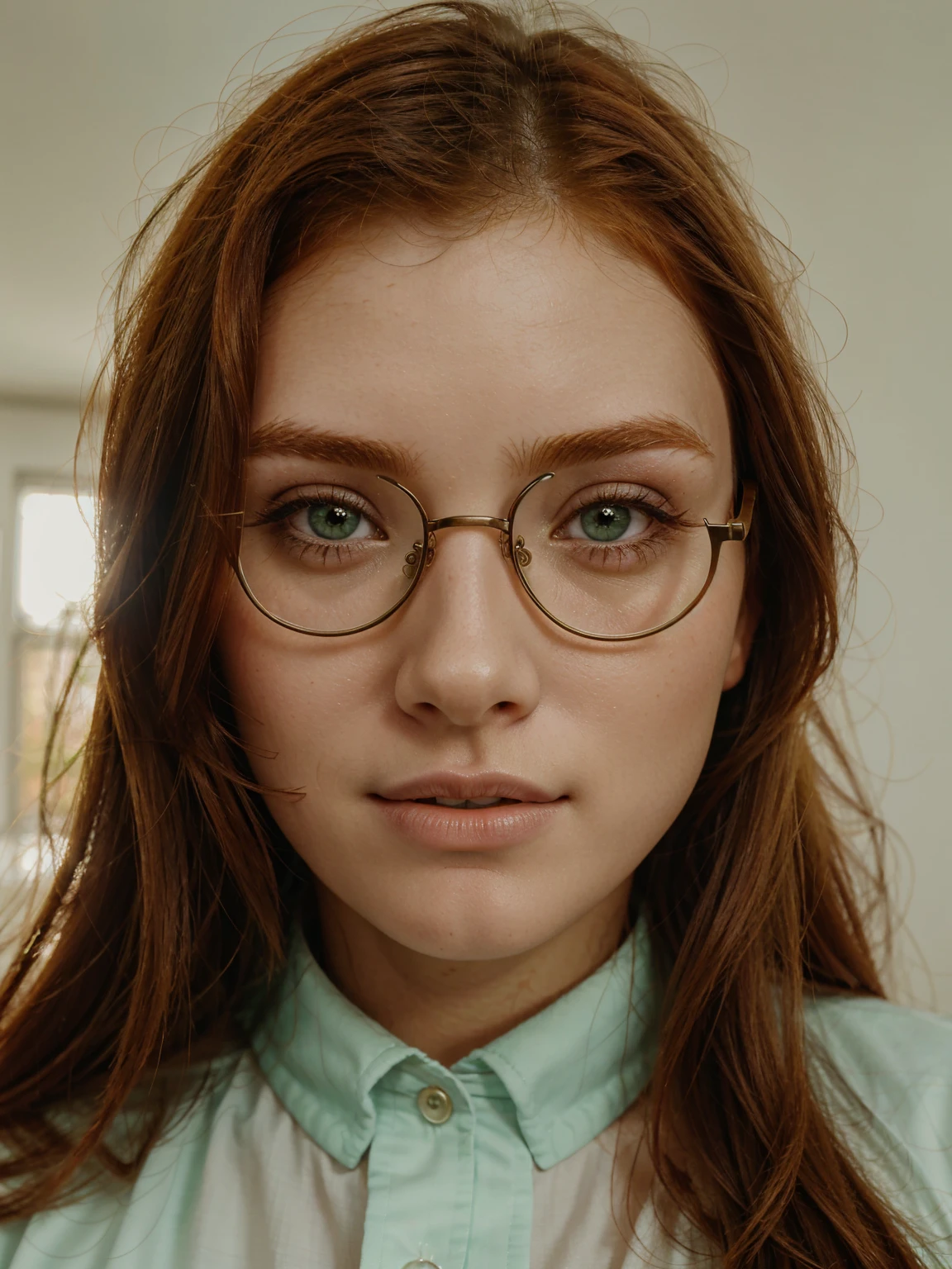 Close-up of Cute beautiful Ginger woman, green eyes, glasses, morning