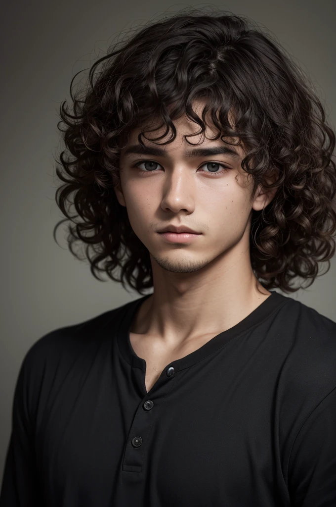 A photograph of a young man, face only, curly hair, dark dark