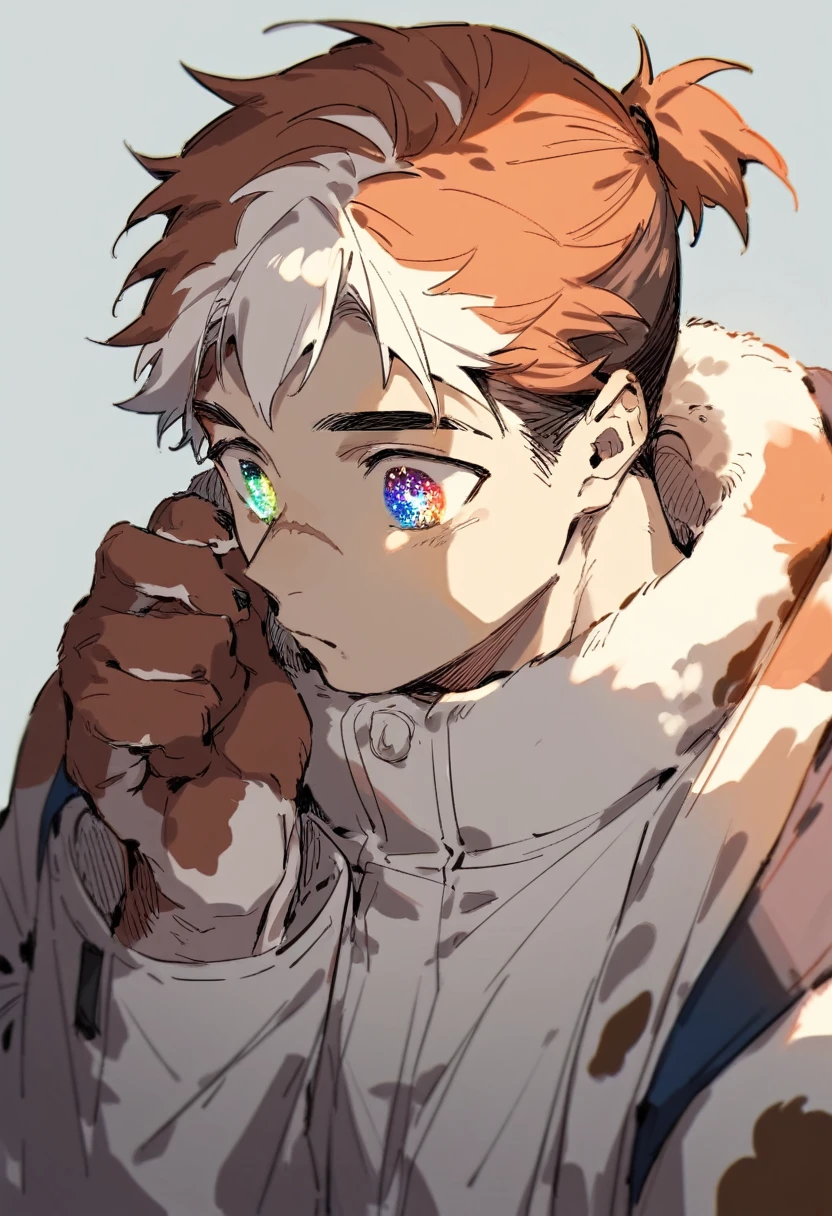 1boy, Strong, ((calico colored hair)), scars, galaxy eyes, small ponytail, gentle, cool outfit