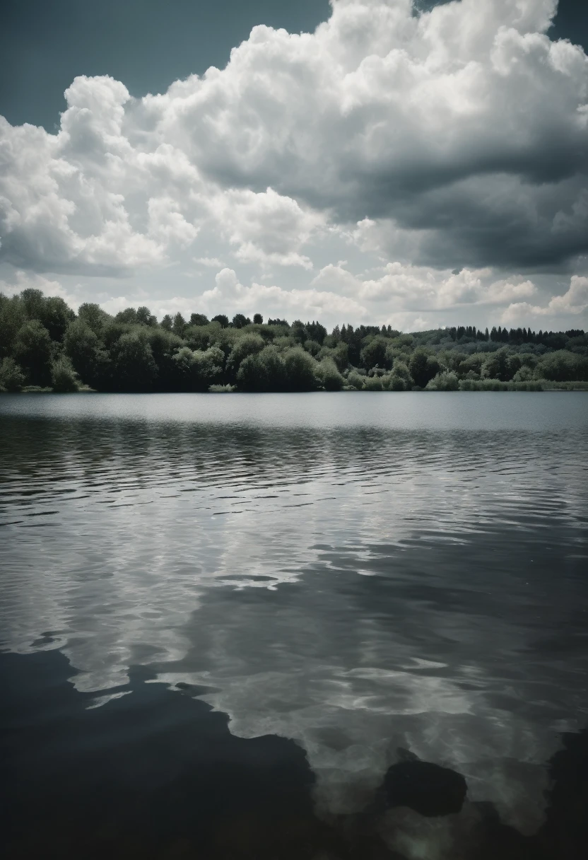 A REALISTIC NEW PHOTO PICTORIALISM PHOTO of a lake with fluffy clouds in the background, in the style of zeiss ikon zm, cluj school, analogue filmmaking, photo, dark white, confessional, washed-out, HDRI.