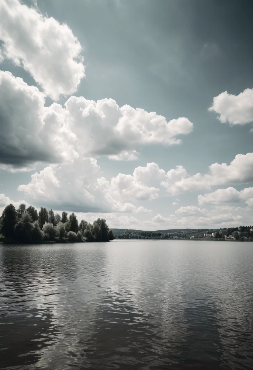 A REALISTIC NEW PHOTO PICTORIALISM PHOTO of a lake with fluffy clouds in the background, in the style of zeiss ikon zm, cluj school, analogue filmmaking, photo, dark white, confessional, washed-out, HDRI.