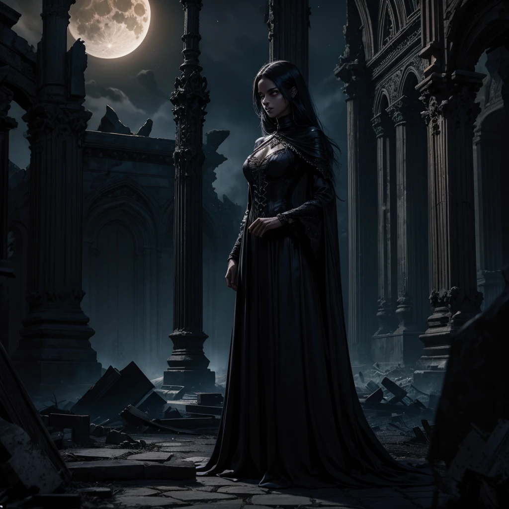A dark, completely black female specter where you can see illuminated eyes wanders among the ruins of a Gothic building, the scene is set at night, you can see the full moon, in the distance you can glimpse a dark and mysterious figure